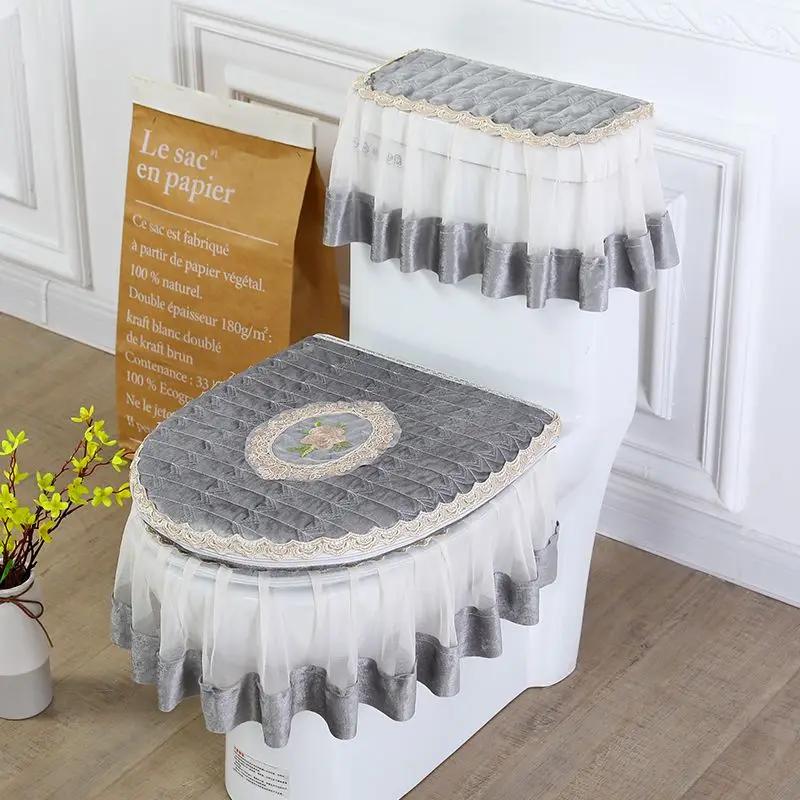 

Европейский вышитый коврик для сиденья для унитаза, комплект из трех предметов, плюшевый теплый туалетный столик, пылезащитный чехол, кружевной край, прозрачный подол, подушка для сиденья унитаза