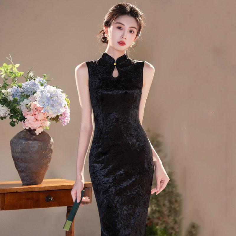 Sleeveless black national style new Chinese Suzhou long cheongsam improved young 1011 new women's high-end dress