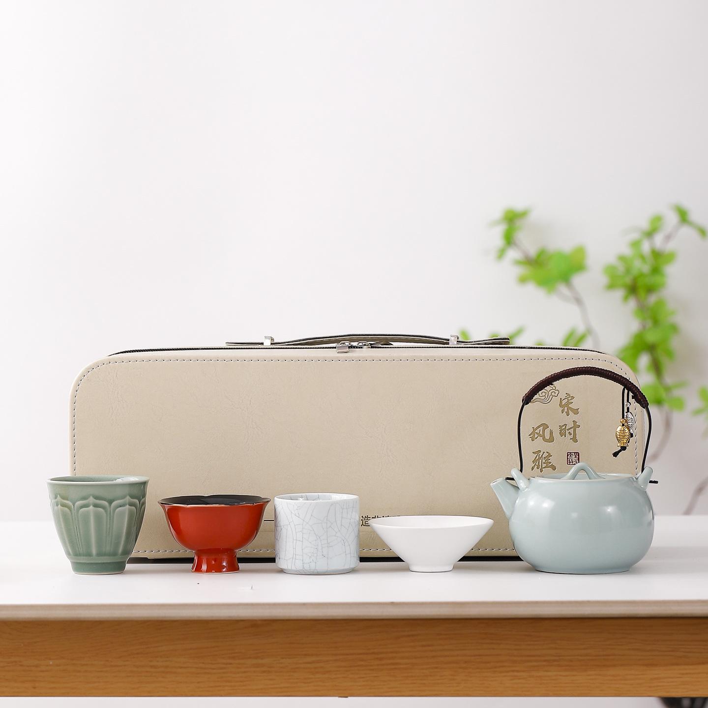 Palace Museum Creative Five Kilns Tea Cup Set: New Chinese Style Outdoor Travel Souvenir