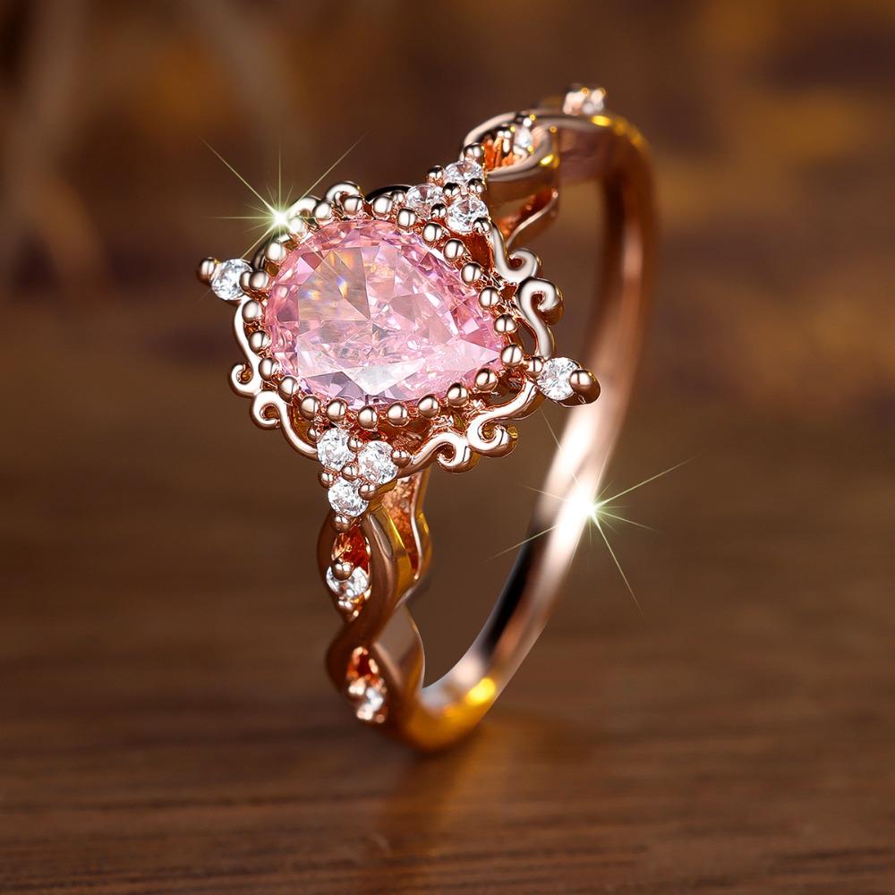 Exquisite Prinzessin Rosa Wassertropfen Zirkon Ringe für Damen Luxus Roségold Farbe Hochzeitsparty Fingerring Schmuck Geschenk