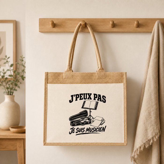 Sac Cabas Jute avec Poche J’peux pas je suis Musicien J'peux pas minimaliste | Toile de Jute et Coton 21 L Fond Plat Anses 65 cm
