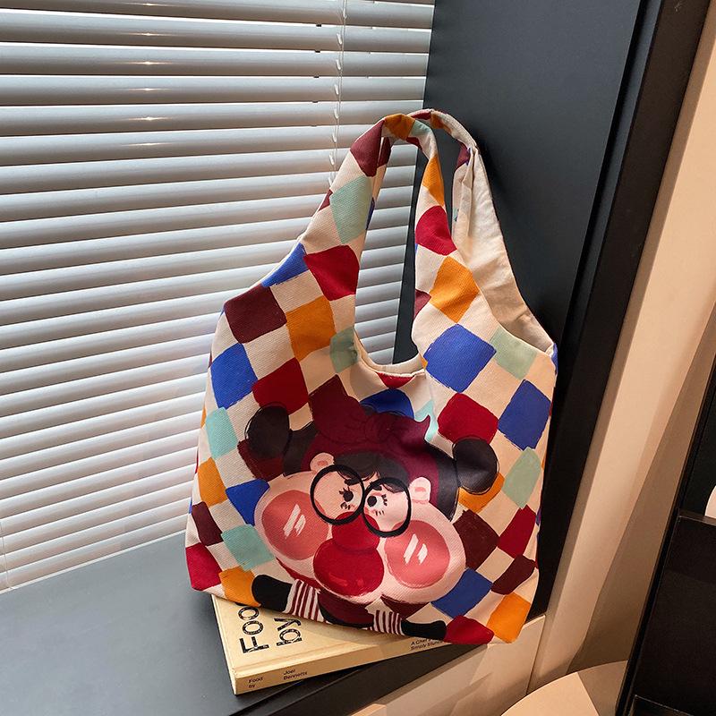 Hand-Painted Cartoon Shoulder Bag: Eco-Friendly Large Capacity for Women & Students