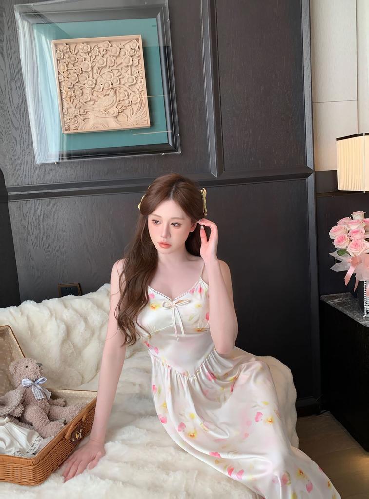 Sexy women's pajamas small breasts pure desire suspender pajamas idyllic small floral long skirts with chest pads hot loungewear