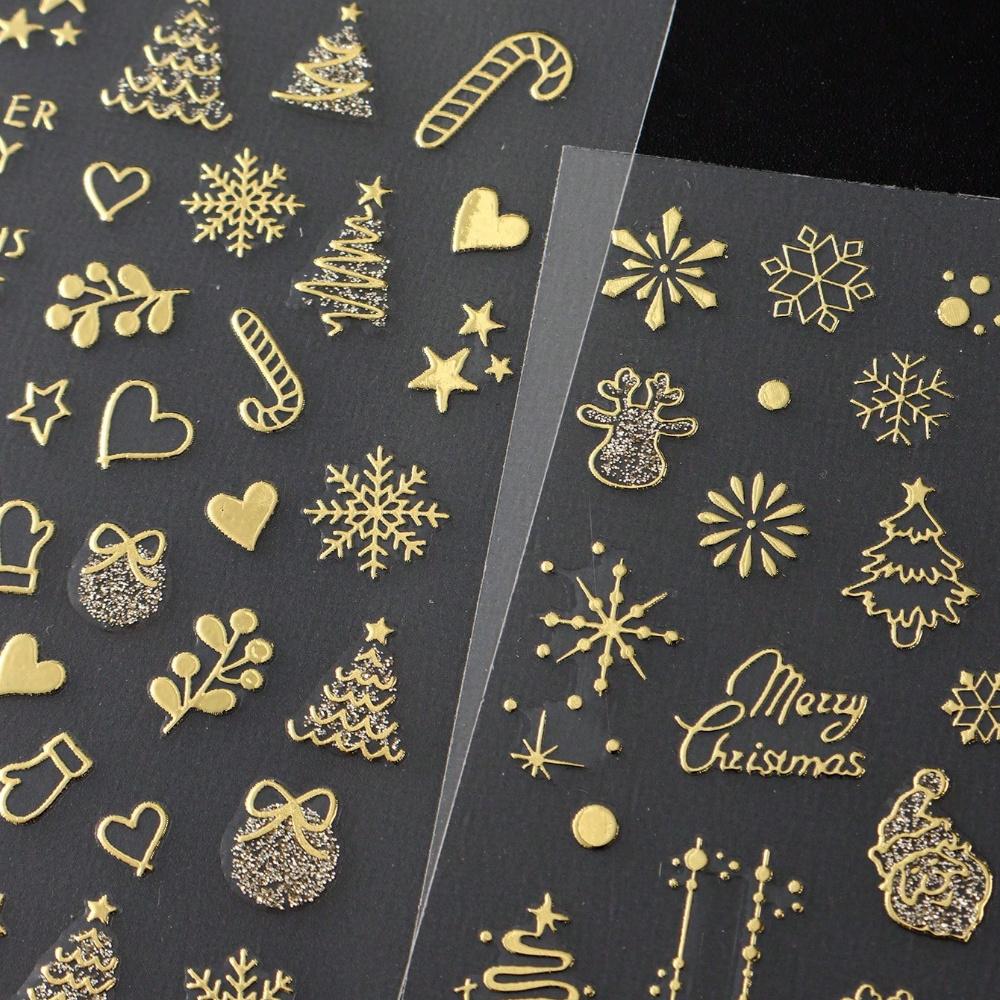 2 Pieces of Christmas and New Year Nail Stickers with Golden Snowflakes, Christmas Tree, Reindeer Heart, DIY Holiday Nail Art