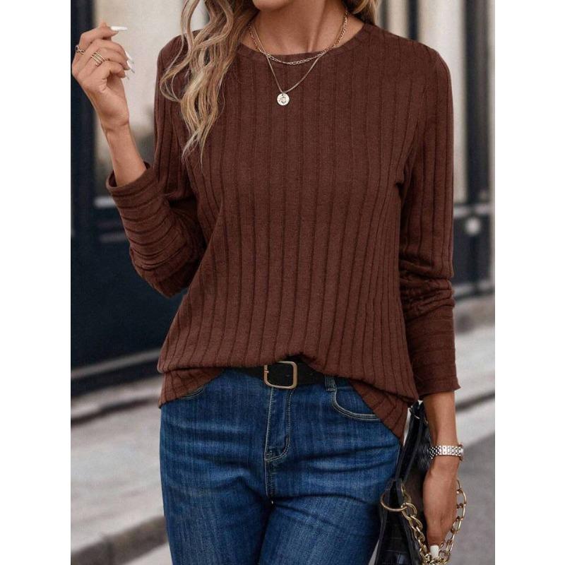 Solid Color Comfortable Round Neck Pit Stripe T-shirts for Spring and Autumn Casual Long Sleeves Women's T-shirts