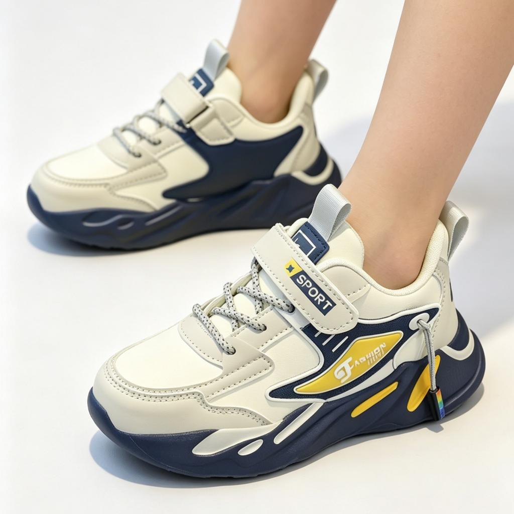 Children Running Shoes Double Leather Upper Lightweight Breathable Sport Sneakers with Hook and Loop Closure and Durable Outsole for Kids