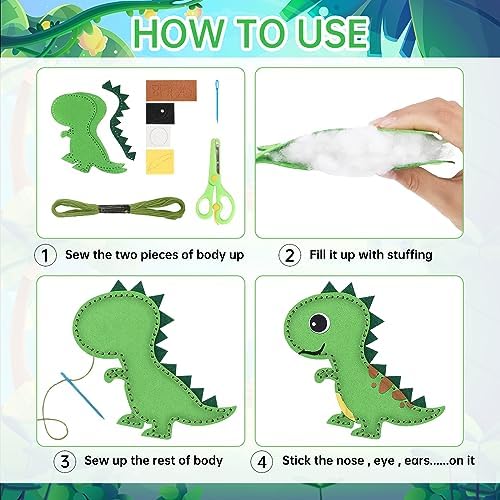Kinder Nähset 14 Teile Dinosaurier Filz Bastelset, DIY Anfänger Nähset mit Füllwatte Garn Schere, Pädagogisches Kreatives Kunstgeschenk für Jungen Mädchen