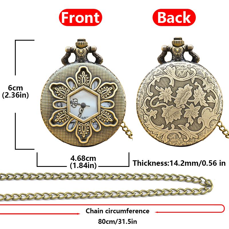 Vintage Hollowed-Out Clamshell Bronze Flower Carved Necklace Quartz Pocket Watch Fashion Jewelry Gift