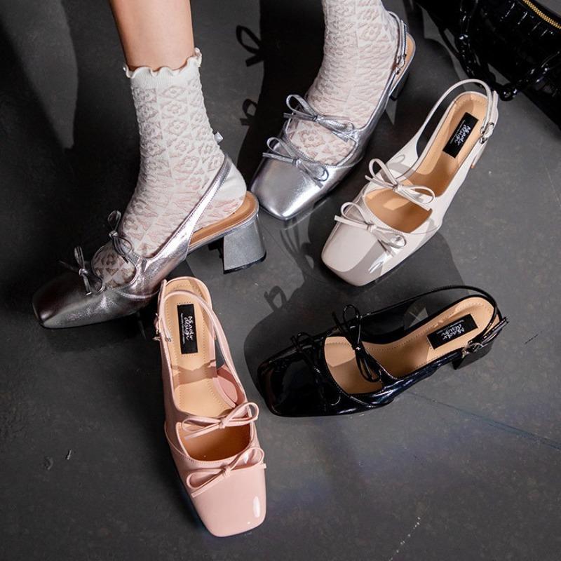 Fashion Women's Silver Bow Square Toe Ballet Shoes Summer Design High Heels Women's Fashion Dress Women's Outdoor Leather Sandals
