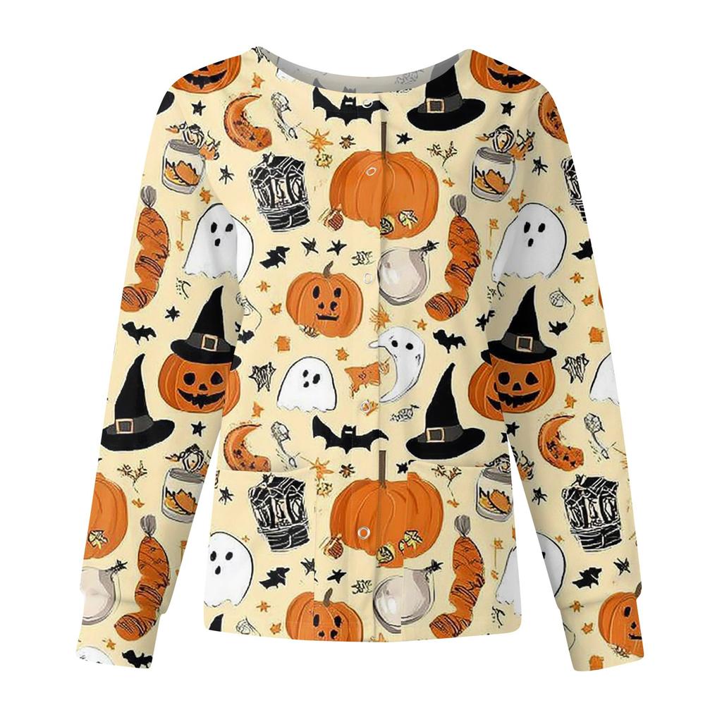 Women's Casual Fashion Long Sleeve Standing Collar Single Breasted Halloween Printed Workwear Jacket Tops