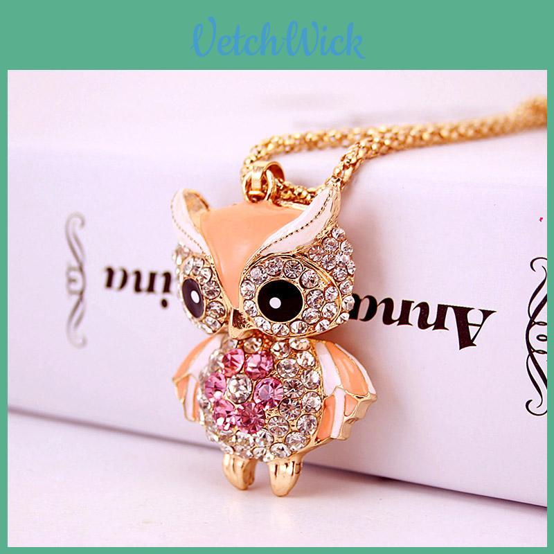 Elegant Crystal Pendant Vintage Punk Style Rhinestone Owl Long Necklace For Women
