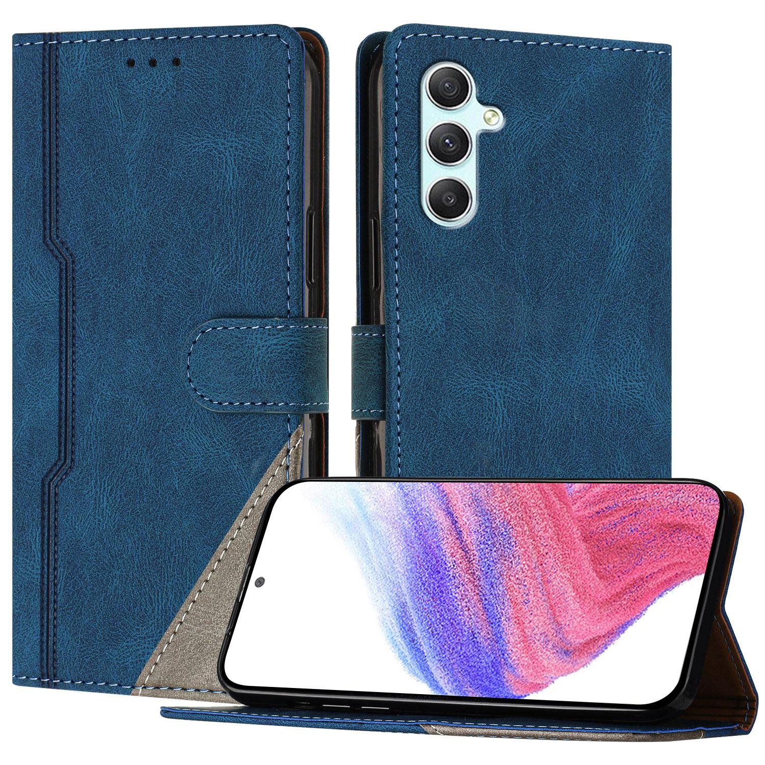 

For Samsung Galaxy A34 5G Leather Case Triangle Patchwork Wallet Stand Shockproof Phone Cover Blue