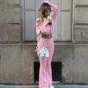 Women Solid Furry Long Sleeve Top Slim Flared Long Pants Two Piece Outfit
