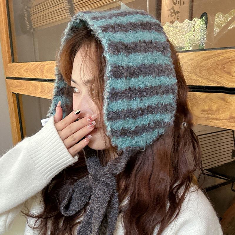 Small Scarf Women Korean Style Neckband Ear Warmer Dual-Purpose Hat Striped Knitted Wool Versatile Cute Neckband