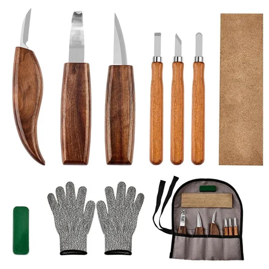 10 Stück Holzschnitzwerkzeuge Set mit Detail Holzschnitzmesser Holzmeißel Messer Handschuhe Schnitzmesser Schärfer Holzbearbeitungswerkzeuge