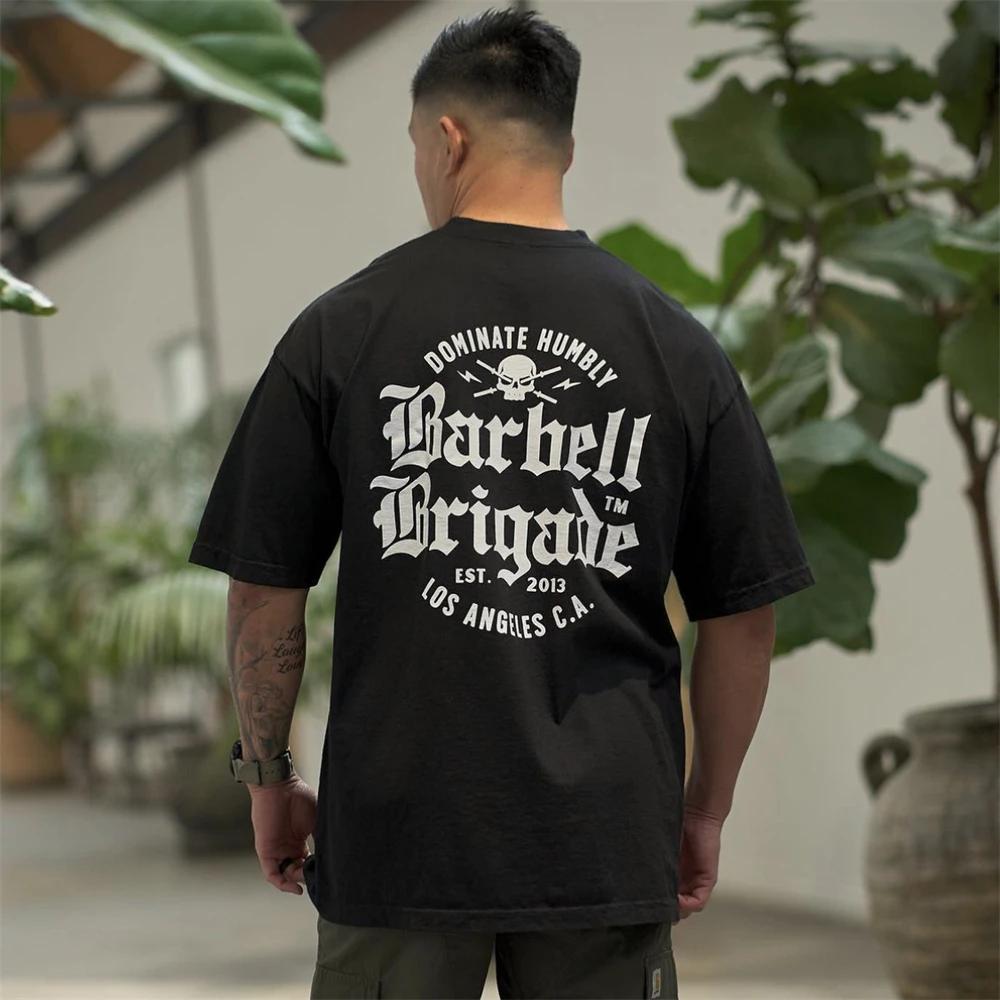 Barbell Brigade Men's Cotton Gym T-Shirt Summer Fitness O-Neck Short Sleeve Loose Bodybuilding Workout Tee Top