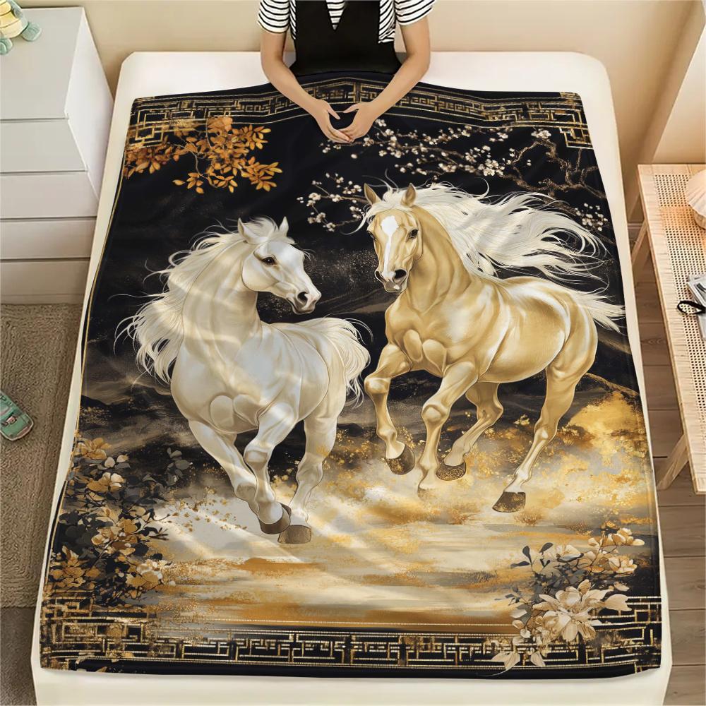 1Pc Horses Painting Print Flannel Blanket, High Quality Comfortable for All Seasons, Home Decor, Warmth and Comfort, Perfect for Christmas Gifts