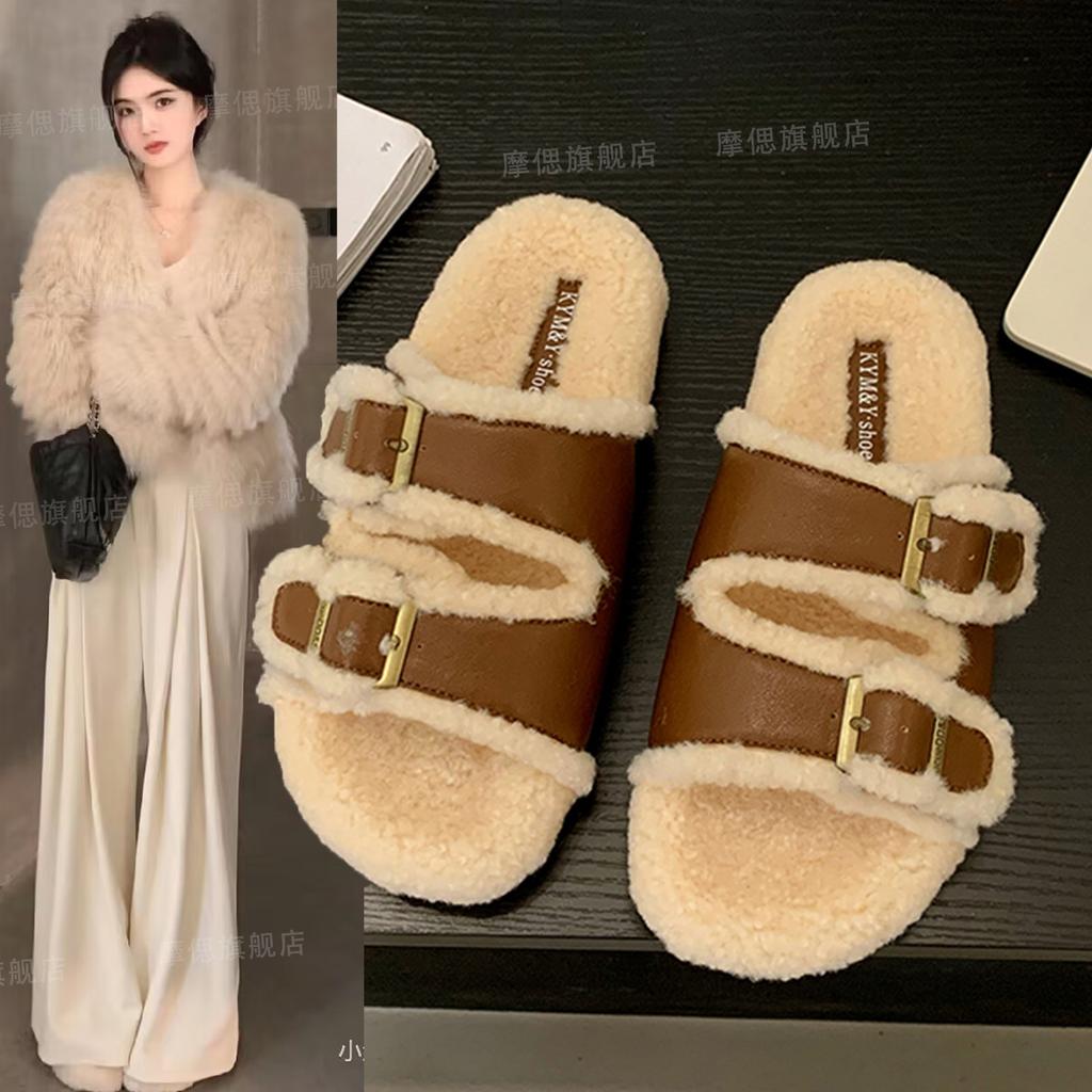 [Uncle Shoes] Birkenstock's new 2025 going out, fluffy cotton slippers, thick-soled fluffy slippers, women's outer wear retro home
