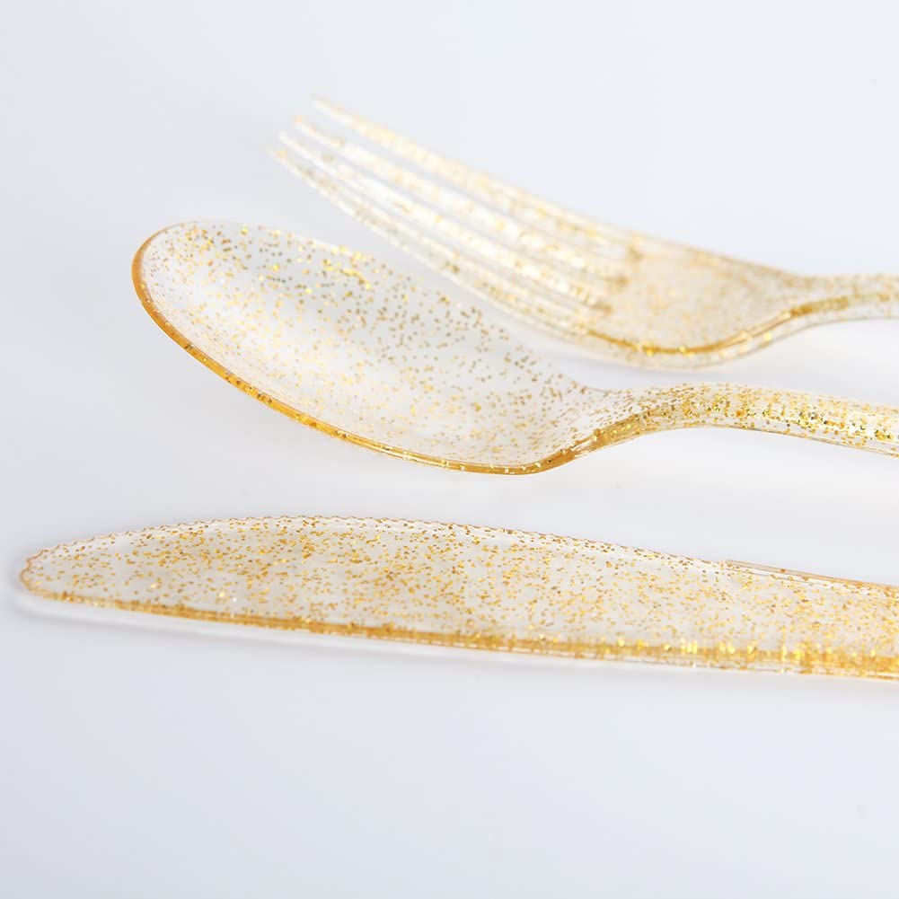 75pcs Gold Plastic Silverware- Disposable Gold Glitter Plastic Cutlery- Plastic Flatware Includes 25 Forks, 25 Spoons, 25 Knives