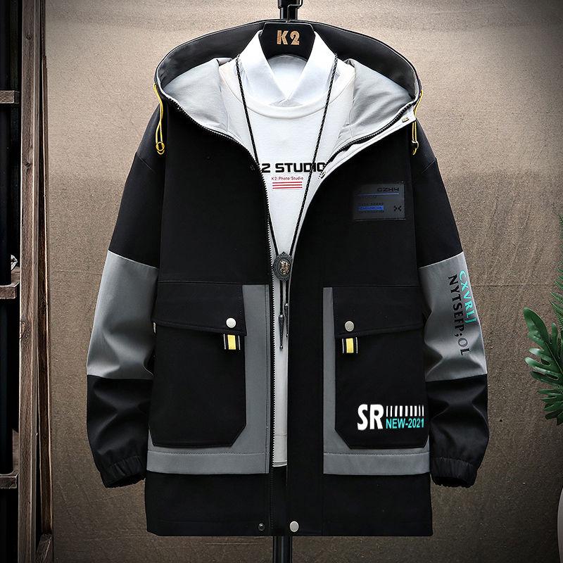Jachete cu glugă ocazional de toamnă pentru bărbați Mantouri subțiri cu mozaic Îmbrăcăminte de îmbrăcăminte Top jachete de vânt Streetwear Îmbrăcăminte de mărime mare