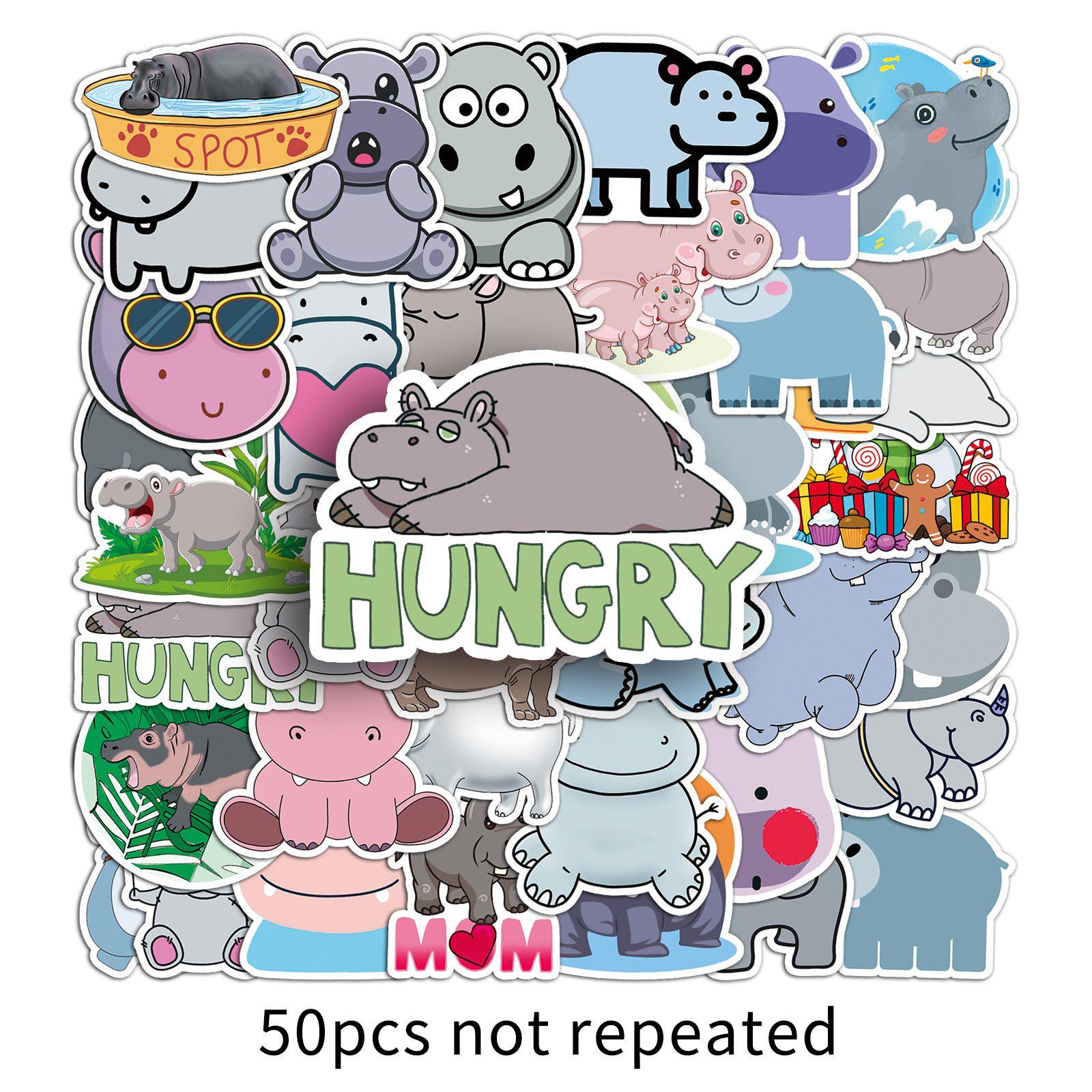 

50-Piece Hippo Animal Sticker Set for Luggage, Laptops, Cars, and More