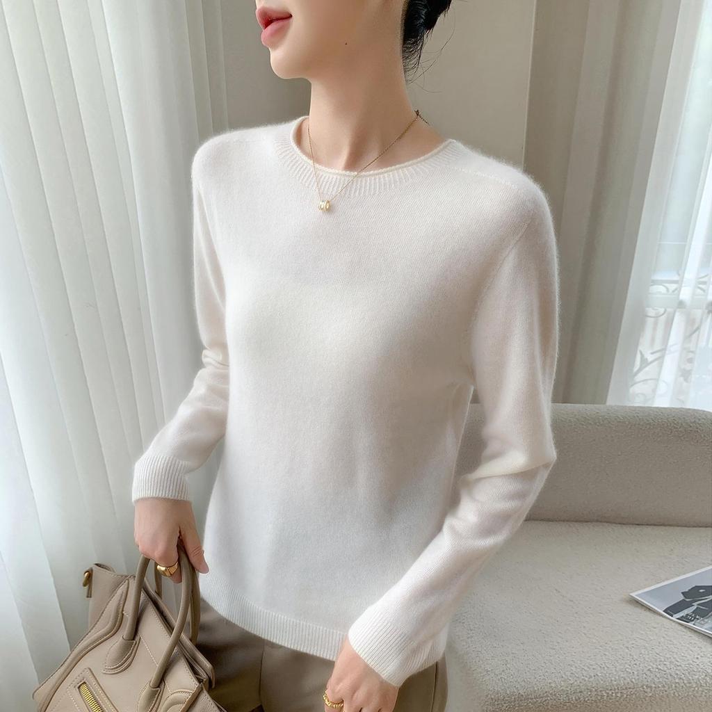 Women's Solid Color Cashmere Sweater - Rolled Hem, Round Neck, Long Sleeve, Loose Fit.