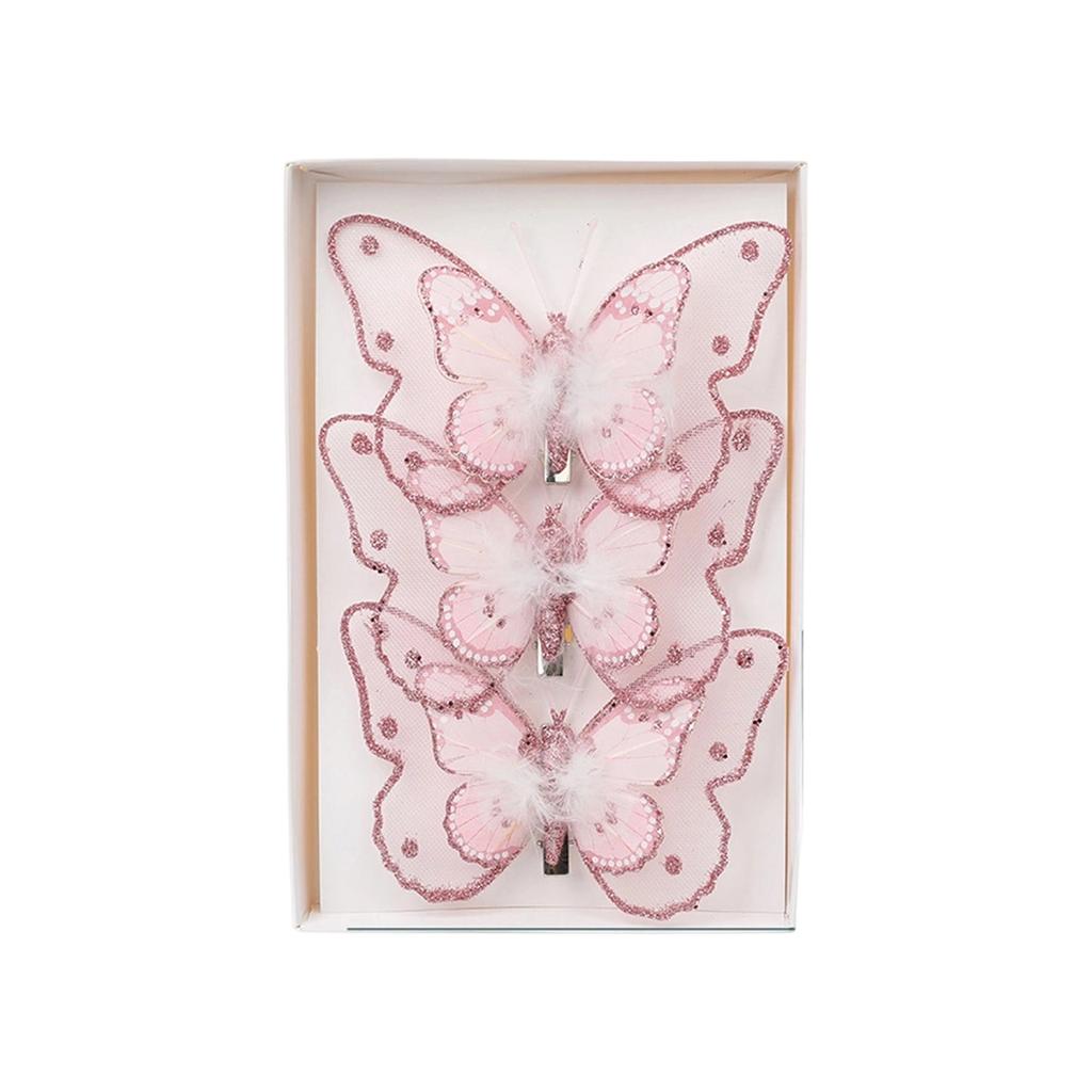 Set of 3 Glitter Butterfly Christmas Ornaments Clip-On Decorative Artificial Butterflies for Tree and Holiday Scene Decoration