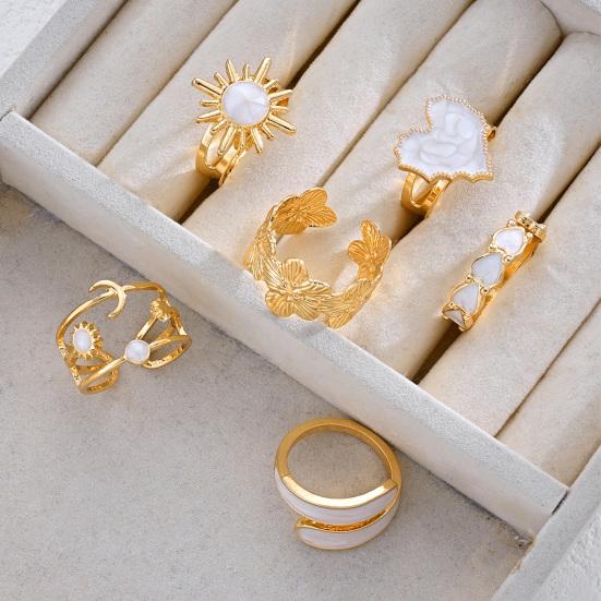 6Pcs Titanium Steel Statement Rings Open Adjustable Flower Heart Sun Designs Minimalist Unique Jewelry for Women Rust-Proof Hypoallergenic Gift for