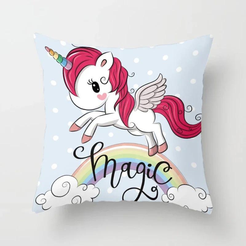 Niedliches Einhorn-Printmuster Quadratisches Kissen Polyester Kissenbezug Sofa Bürostuhl Kissenbezug Einfache Heimdekoration