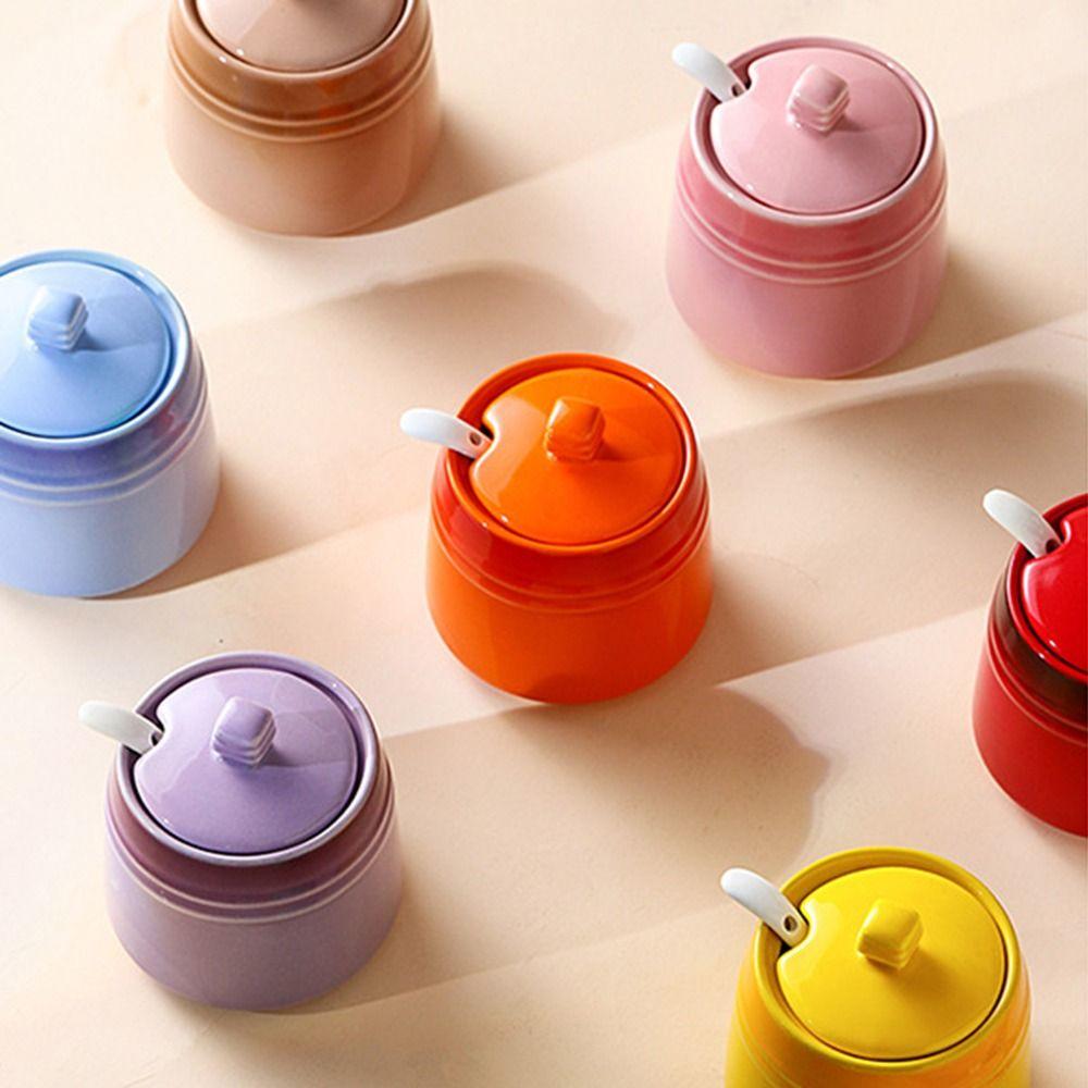Gradient Colored Ceramic Spice Jar Lid Sugar Pot Creative Kitchen Canisters  Home