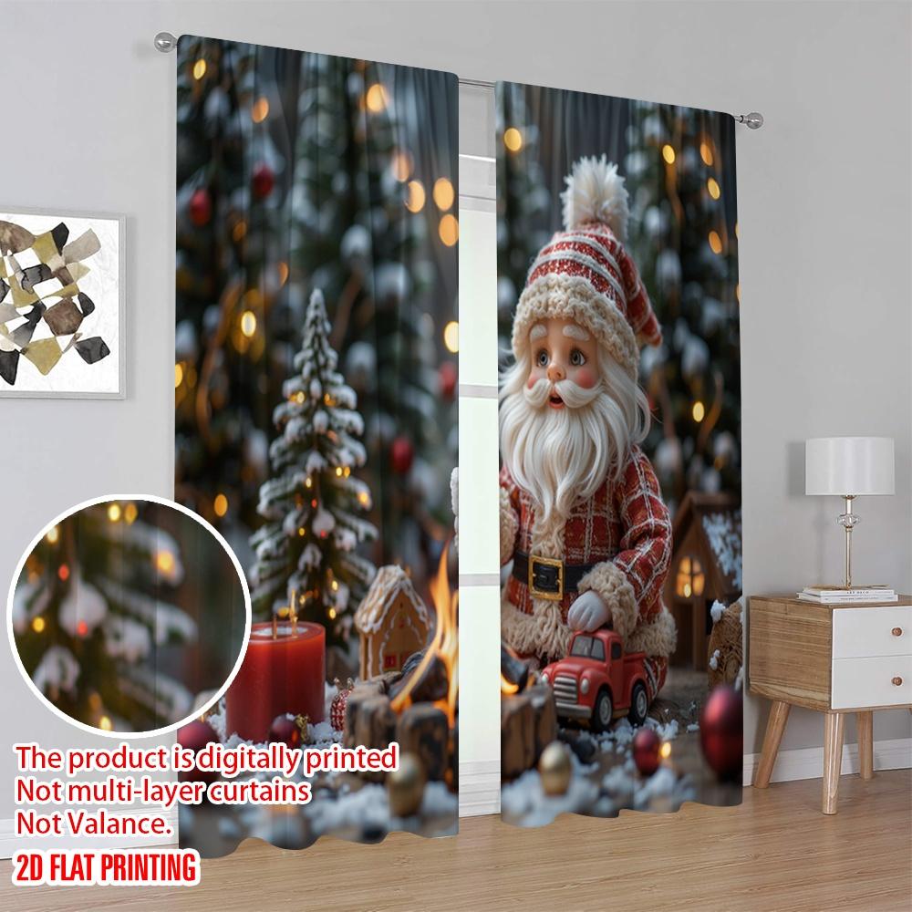 2pcs 2D flat printing Christmas Scene Curtain Warm winter scene Polyester Without Electricity Birthday Party Perfect for Holiday
