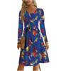 Women's Fashionable Retro Printed Color Blocked Waist Belt Casual Long Sleeved Dress