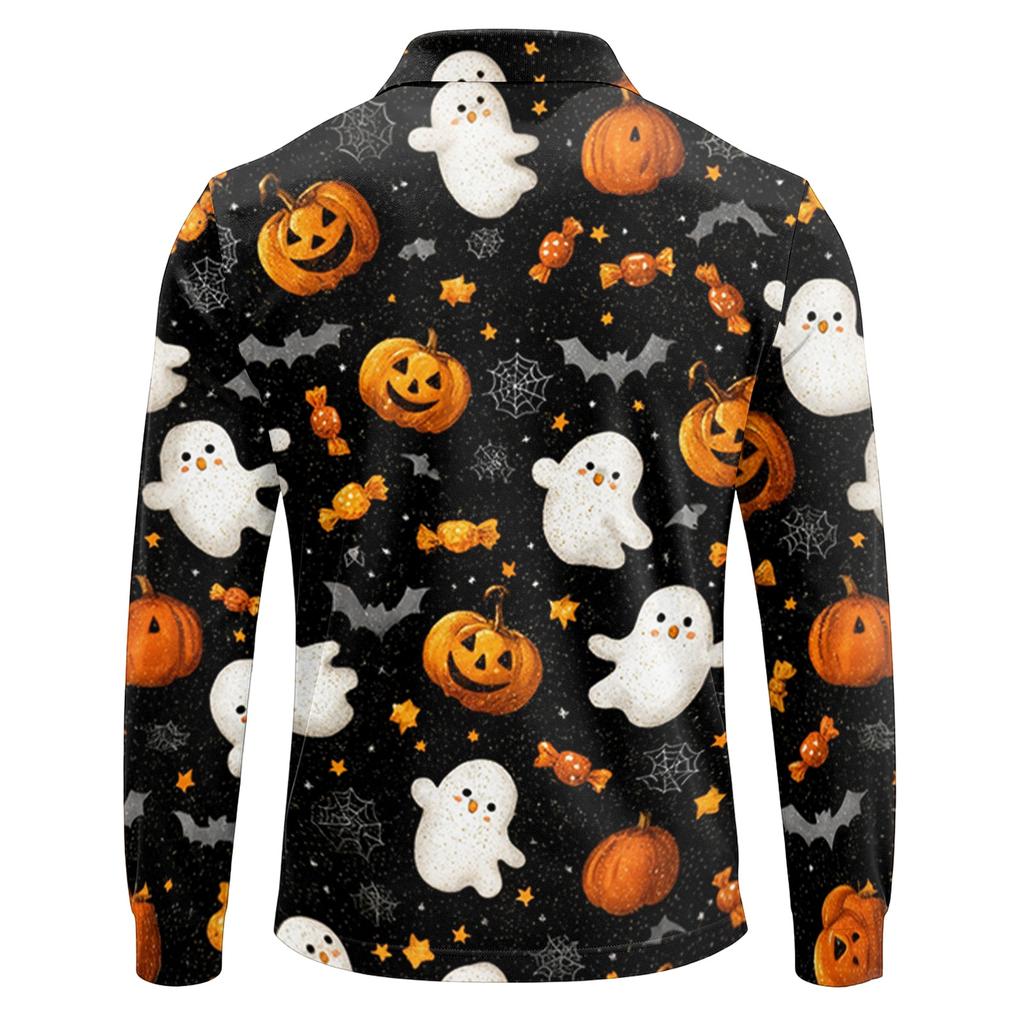 Herren Langarm Poloshirt Leichtes Atmungsaktives Netzgewebe Lässiges Hemd mit Knöpfen Halloween Geister-Aufdruck Design