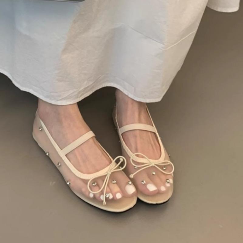 Fashion Spring New Flat Shoes for Girls Fashion Round Head Shallow Mouth Butterfly Knot Mesh Breathable Soft Sole Non-slip Single Shoes