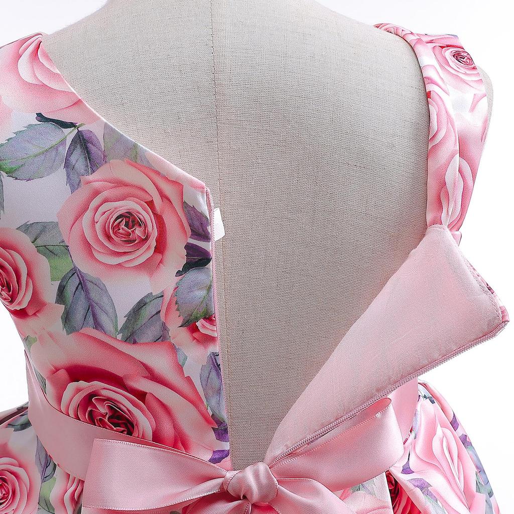 2024 European & American Rose Print Girls' Asymmetrical Shoulder Princess Dress