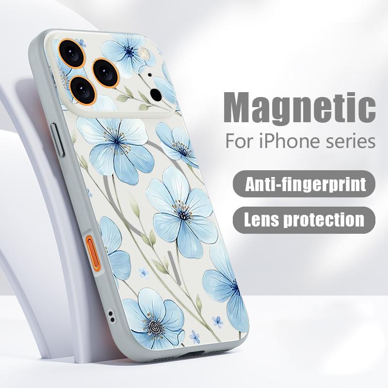Lovely Sky-blue Flowers Pattern Case For iPhone 17 Pro Max Magnetic For Magsafe Skin Feeling Cover For iPhone 16 15 14 13 Pro Max