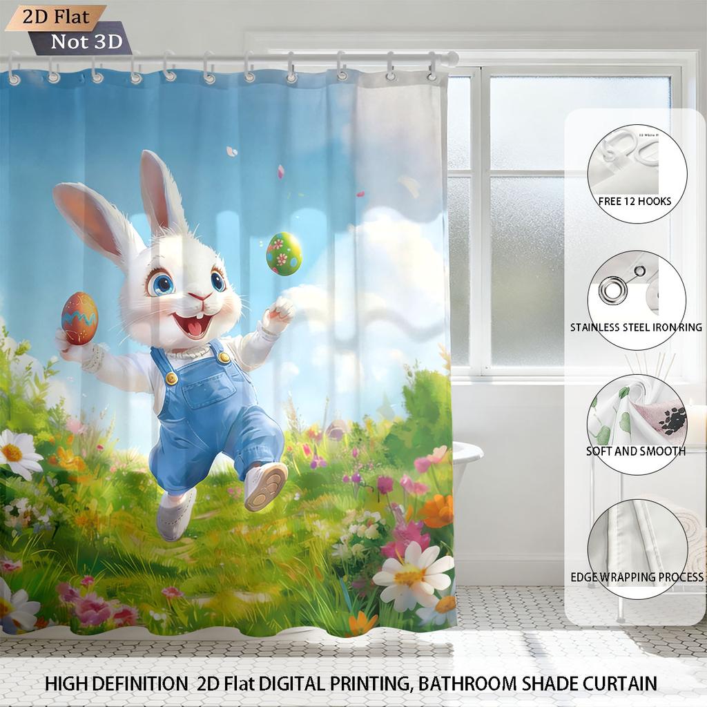 1pc Easter Happy Cartoon Rabbit Printed Waterproof Shower Curtain Partition Privacy Hanging Curtain With 12 Hooks Multiple Sizes