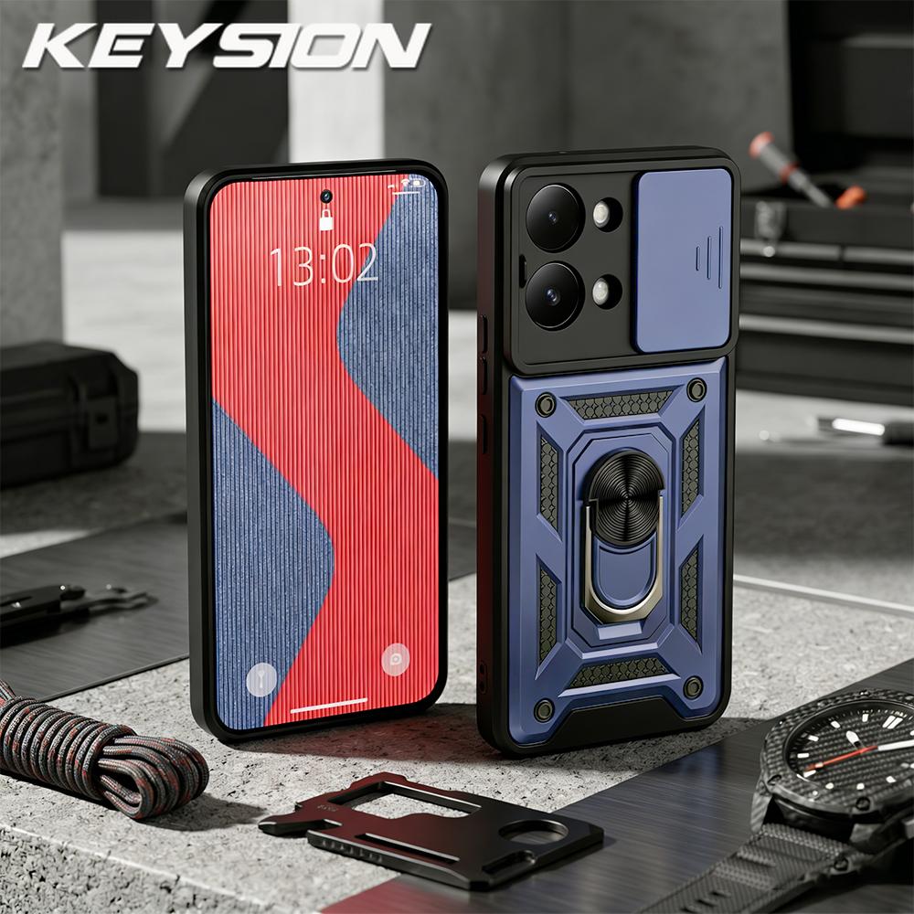 KEYSION Shockproof Armor Case for Xiaomi POCO X8 Pro Max Slide Camera Lens Protection Ring Stand Phone Cover for POCO X8 Pro Max