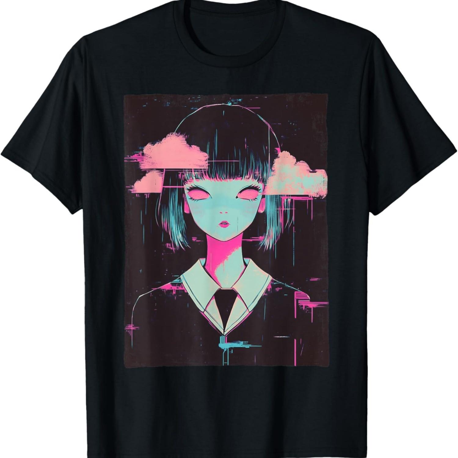 Japanese Anime Girl Vaporwave Cyber Goth E-Girl Distressed T-Shirt S чёрный