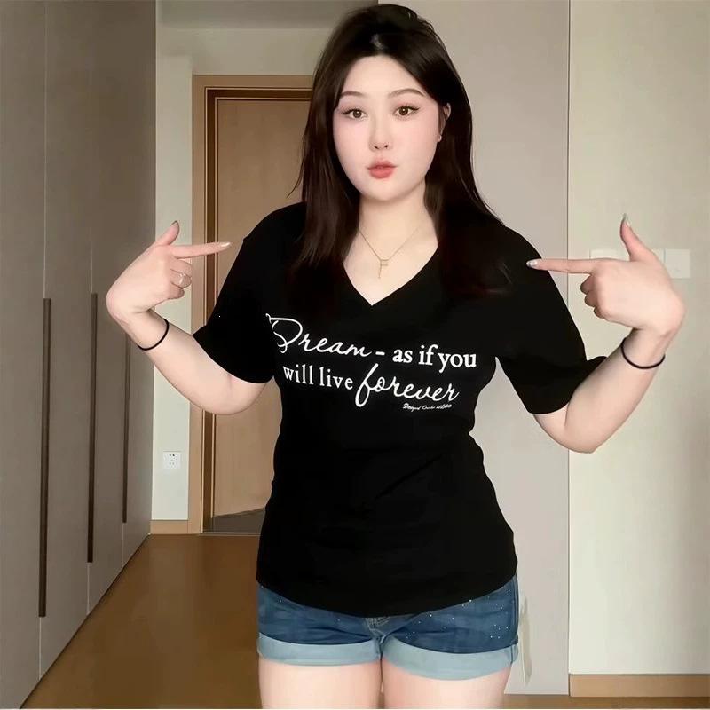 Large size fat mm Korean Spice Girl style V-neck short-sleeved T-shirt women's summer design feeling waist elastic bottoming shirt top tide