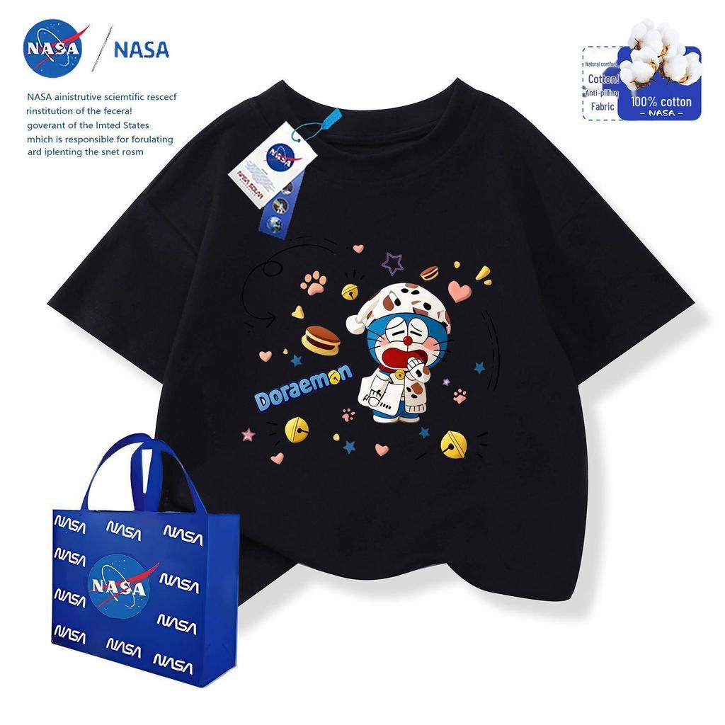 NASA x Doraemon Kinder-Baumwoll-T-Shirt mit Rundhalsausschnitt und Stickerei, Kurzarm