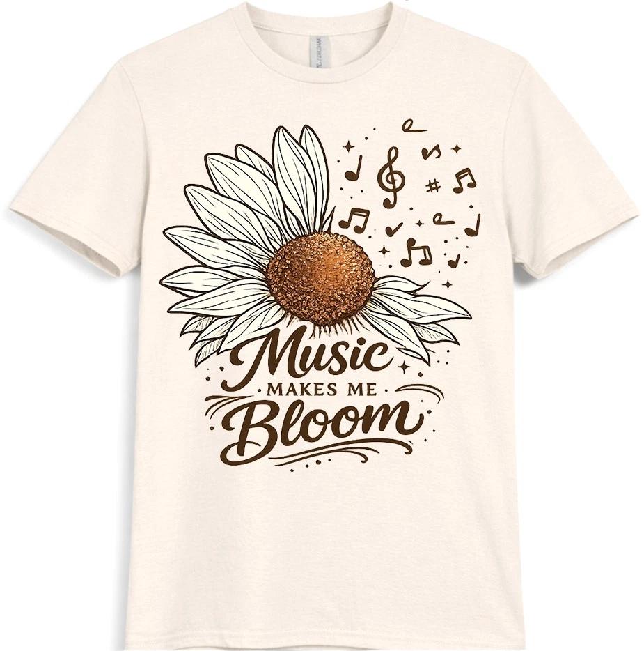Sunflower Music T Shirt Music Makes Me Bloom Graphic Lover Quote Tee Top M