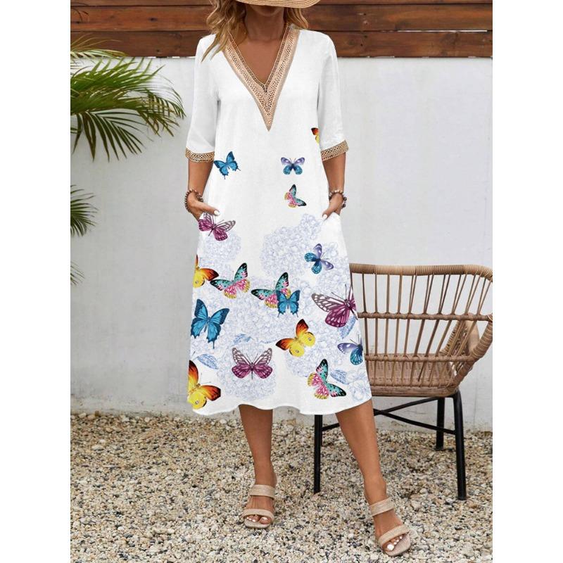 

Женское весенне-летнее платье с короткими рукавами и принтом, кружевное платье с V-образным вырезом и короткими рукавами средней длины XXXL