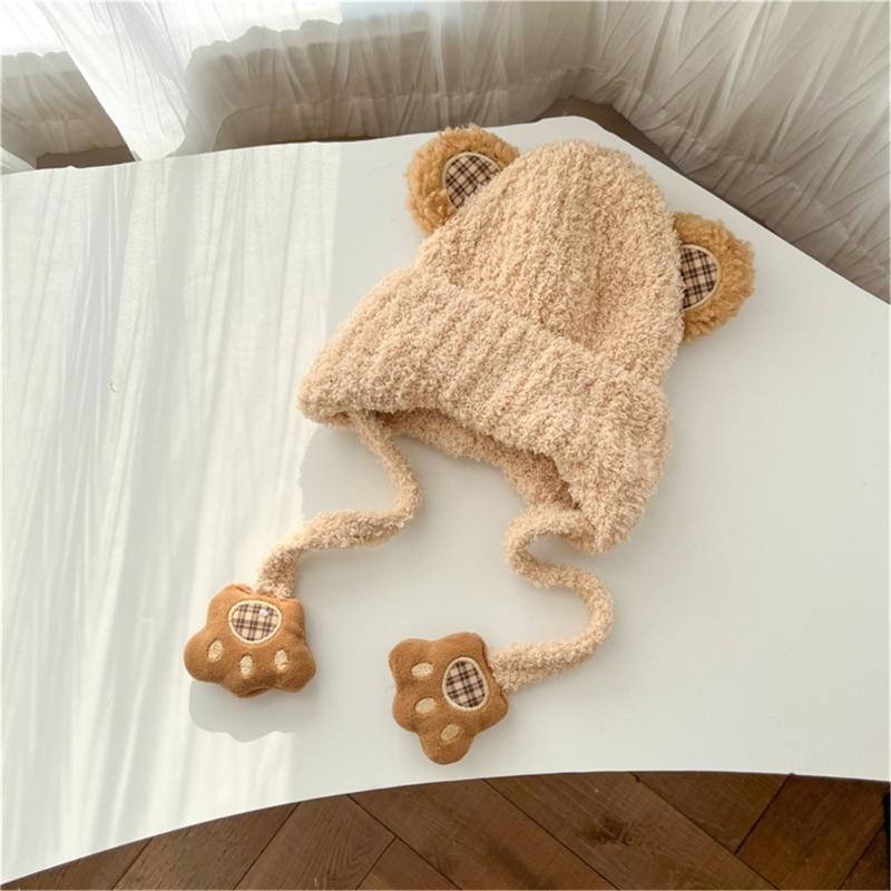 Autumn Winter Warm Hat with Earflap and Chin Strap Ties Cute Cartoon Beanie Cap Soft Bonnet Warm Headwear for Kids