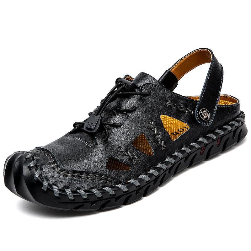 

Летние кожаные сандалии 48 размера большого размера мужские дышащие сандалии ручной работы интегрированные пляжные сандалии двойного назначения мужские тапочки из коровьей кожи 38 чёрный