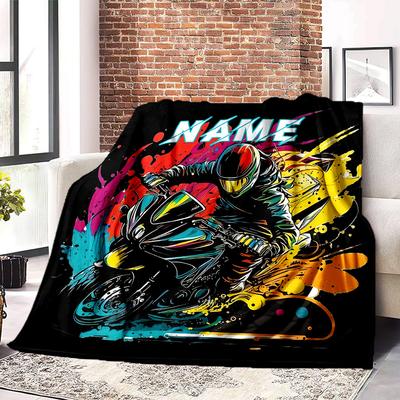 Motorcycle Rider Home Customize Your Name Blankets Comfortable Soft Lightweight For Picnics Sofas Office Bed Living Room Perfect Gifts For Friends'