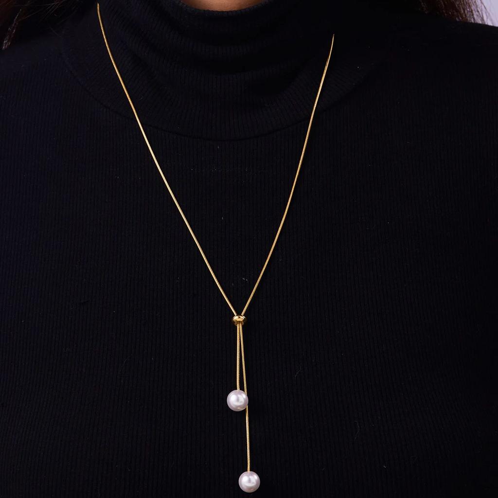 Fashion Simple Silver Pearl Necklace for Women Long Tassel Pull Design Clavicle Chains Necklace Party Jewelry Accessories