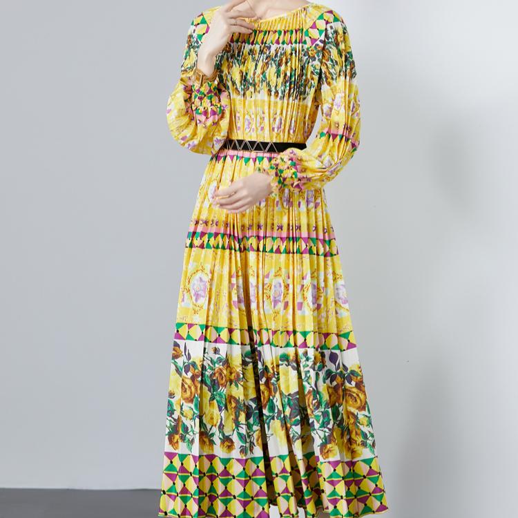 Spring Autumn Women Designer Print Oversized Long Maxi Holiday Party Pleated Dresses with Belt