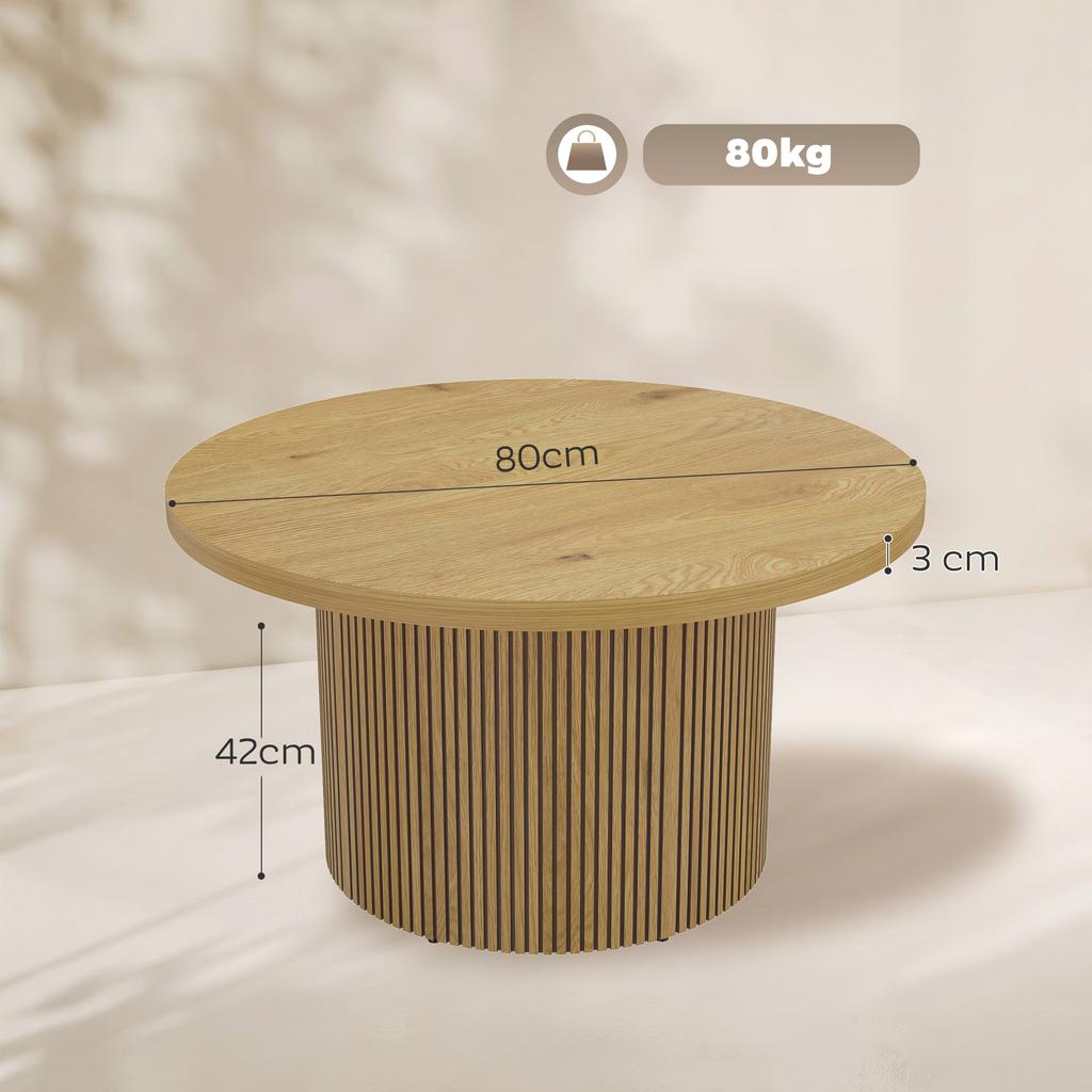 Round Wooden Coffee Table, Fluted Legs, Natural Wood Effect
