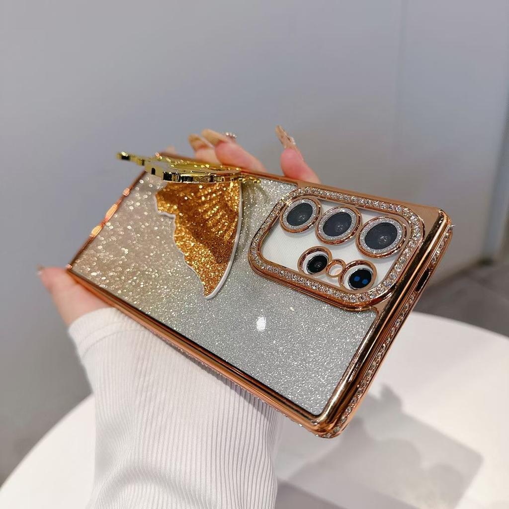Suitable for Samsung S25ULTRA Electroplated Rhinestone Frame Glitter Butterfly Stand Mobile Phone Case A55 Full Inclusive Lens Film
